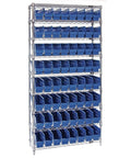 Hella Sturdy Wire Shelving Rack With Nine Adjustable Shelves And Sixty Four Blue Storage Bins Slick Chrome Finish 74x36x24 inches
