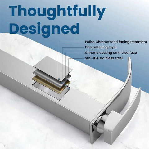 Cross-section of Vessel Sink Faucet Tall Waterfall Bathroom Faucet With Single Handle One Hole Mount Rectangular Spout Chrome Finish.