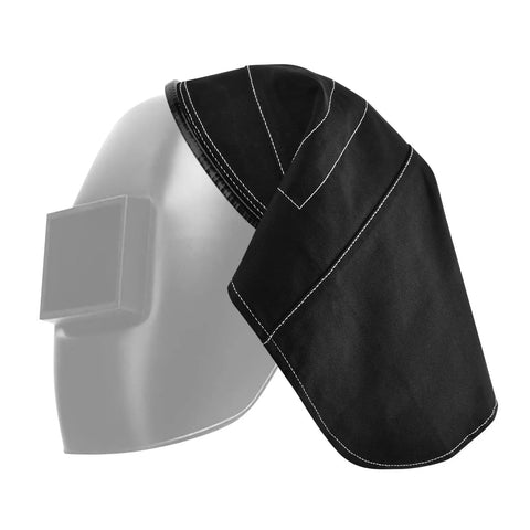 Welding Helmet Cover Pro Grade Extended Head Cover With Press Fit Seal Full Protection Cotton Black on mannequin.