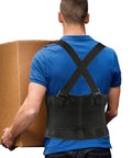 Man wearing a Heavy Duty Lumbar Back Brace With Four Flexible Orthopedic Stays lifting a box, showcasing its support.