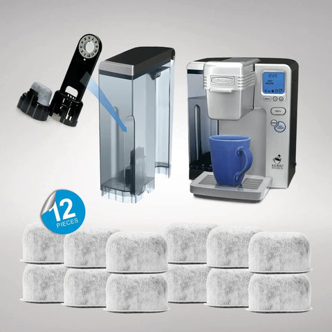 12 Pack Charcoal Water Filters For All Cuisinart Coffee Makers Compatible With Both Newer And Older Models Not Keurig Filter Replacement For Clean Taste And Aroma displayed with coffee maker and water tank.