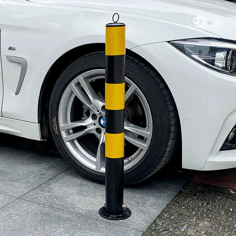 Road Ready Yellow Safety Bollard Post With Lock And Anchor Base, Tough As Nails Powder Coated Steel Parking Barrier For Garage Driveway Traffic Control, Bulletproof Bumper Guard Set Of Two