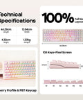 Premium Full Size Mechanical Gaming Keyboard Goes Hard With A Dot Matrix Display And Dynamic Rgb Backlighting For Seamless Mac Pc Or Android Gameplay Fueled By A Massive Ten Thousand Mah Battery In Sleek Pink Reaper Edition with technical specs.