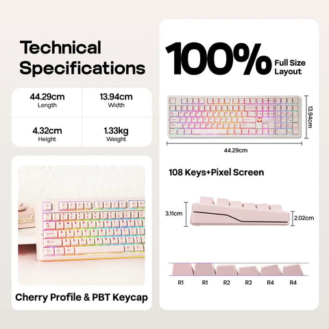 Premium Full Size Mechanical Gaming Keyboard Goes Hard With A Dot Matrix Display And Dynamic Rgb Backlighting For Seamless Mac Pc Or Android Gameplay Fueled By A Massive Ten Thousand Mah Battery In Sleek Pink Reaper Edition with technical specs.