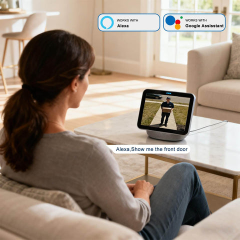 Woman viewing front door on a device using Doorbell Camera Wireless With Chime 2K HD Video AI Motion Detection Two Way Audio Night Vision Cloud Storage.