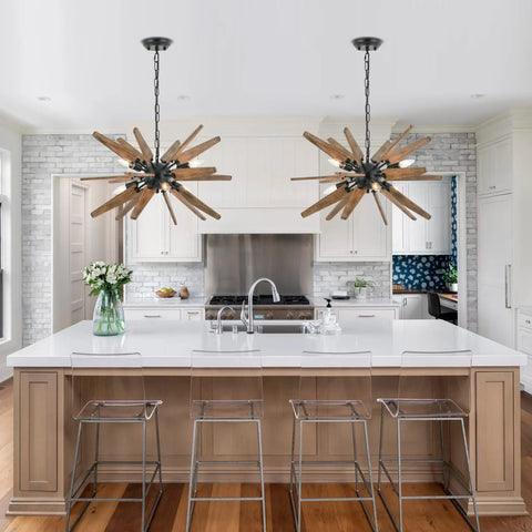 Wood Sputnik Chandelier With 6 Lights Dope Rustic Farmhouse Pendant for kitchen island in modern industrial style setting