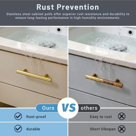 Comparison image showing Brushed Gold Cabinet Pulls 5 Pack Three And Three Quarters Inch Hole Center Kitchen Cabinet Handles, rust-proof versus rusted.