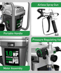 Pro Grade High Pressure Electric Airless Paint Sprayer Sports Thinning Free Design showing airless spray gun and pressure valve details.