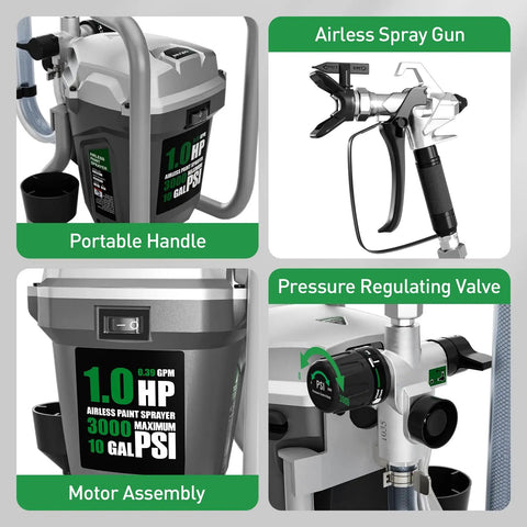 Pro Grade High Pressure Electric Airless Paint Sprayer Sports Thinning Free Design showing airless spray gun and pressure valve details.