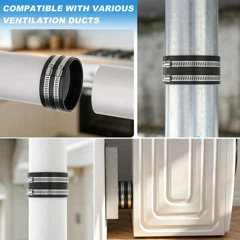 All In One Thickened Silicone Dryer Vent Seal Kit with two heavy duty stainless steel clamps on various duct connections