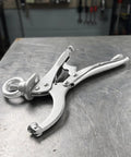 Bulletproof 9 Inch Drill Press Locking Clamp With Killer Jaw Tension For Hella Secure Workpiece Holding On Shop Benches Or Mobile Tool Cart Racks Two Pack on metal surface.