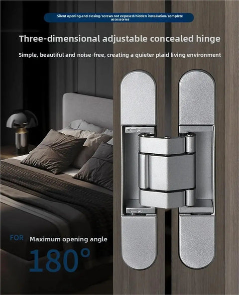 Heavy Duty Invisible Door Hinge Concealed Adjustable Cross Shaped Wooden Handle For Rock Solid Hidden Pantry Doors Clean Silver Hardware Smooth Flush Mount Setup No Fuss Installation For Custom Built Ins, three-dimensional hinge installed, visible opening angle 180 degrees.
