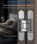 Premium Invisible Door Hinge With Concealed Adjustable Cross Shaped Wooden Handle For Seamless Hidden Closet Access Heavy Duty Black Finish, showing three-dimensional adjustable hinge.