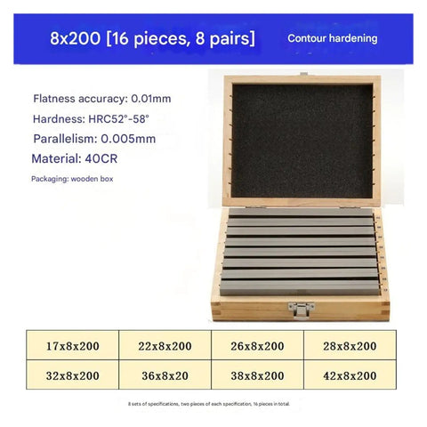 Hardcore Alloy Steel Parallel Blocks Set For CNC Milling Router Tables Heavy Duty Gauge Spacers Eight Precision Pairs in wooden box.
