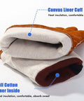 Heavy Duty Heat Resistant Leather Welding Gloves With Fireproof Stitching showing canvas cuff and full cotton liner