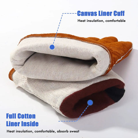 Heavy Duty Heat Resistant Leather Welding Gloves With Fireproof Stitching showing canvas cuff and full cotton liner