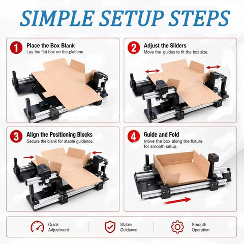 Hassle Free Shipping Box Folder That Creases Cardboard Flaps Rapidly Adjustable Manual Pressing Tool For Standard Cartons setup steps visuals.