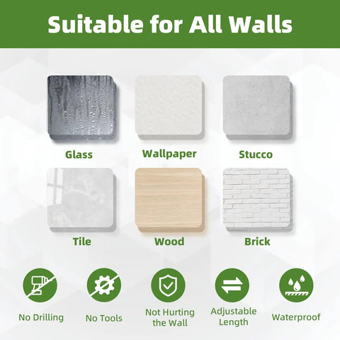Visual showing suitability of Extra Long Tension Curtain Rod 39 To 173 Inches 3.3 To 14 Feet Outdoor No Drilling for various wall types.