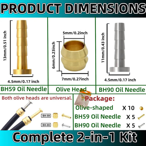 10 Pack Bicycle Hydraulic Disc Brake Olive and Barb Insert Kit for BH90 and BH95 Hoses, showing product dimensions