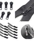 143 Piece Zipper Repair Kit With Install Plier For Bags Jackets Tents Backpacks Sleeping Bags Includes Nylon Coil Sliders And Metal Zippers For Quick DIY Repairs On The Go, showing sliders, zipper pulls, and a zipper installation close-up.