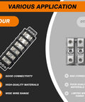 Heavy Duty Double Row Terminal Blocks For 10 To 22 AWG Wiring Stainless Steel Housing 600 Volt 30 Amp Rated Knockout Circuit Connectors, showcasing good connectivity.