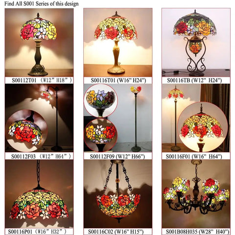 Tiffany Style Stained Glass Table Lamp With Red Rose Pattern, 12 Inch Shade, 22 Inch Tall, Resin Antique Green Bronze Base