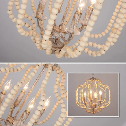 Close-up of Modern Chandelier Light Fixture With Wood Beaded Boho Pendant 4 Lights Orb Design Vintage Farmhouse Ceiling Light