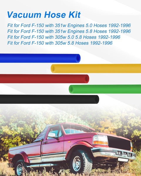 Ford F-150 8mm Vacuum Line Kit 5 Piece Replacement Hoses For 1992 To 1996 305w 351w 5.0 5.8 Engines Restore Brake Booster Idle And HVAC Vacuum System Performance with colored silicone hoses and truck image.