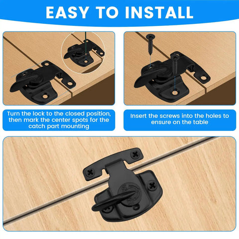 Sturdy Spring Table Locks Pair Designed Tight For Snappy Folding, Heavy Duty Zinc Alloy Drop Leaf Buckle Connectors For Expandable Dining Tables, No Fuss Rust Proof Furniture Hardware Installation Kit, installation guide images.