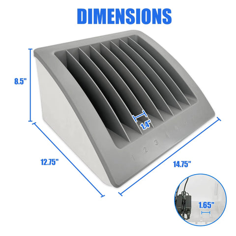 Dope Heavy Duty Six Pack Laptop And Tablet Charging Station With Versatile Desktop Organizer Rack dimensions, featuring 6 gray slots.