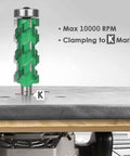 Pro Grade Flush Trim Router Bit With Twenty Carbide Tips One Half Inch Shank Two To Three Quarter Inch Cut Length Compression Design For Chip Free Edges Multi Blade Tech For Fast Clean Cabinet And Trim Work displayed on workbench showing compression design and maximum RPM