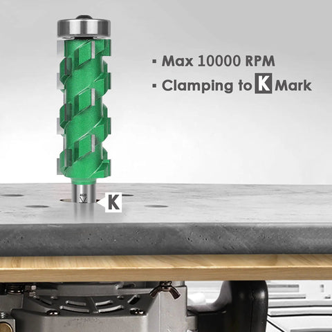 Pro Grade Flush Trim Router Bit With Twenty Carbide Tips One Half Inch Shank Two To Three Quarter Inch Cut Length Compression Design For Chip Free Edges Multi Blade Tech For Fast Clean Cabinet And Trim Work displayed on workbench showing compression design and maximum RPM