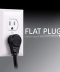 Flat plug of the 7-Outlet Surge Protector Go-To Power Hub With 2 USB Ports, 3ft Cord, 1300 Joules, in a wall socket.