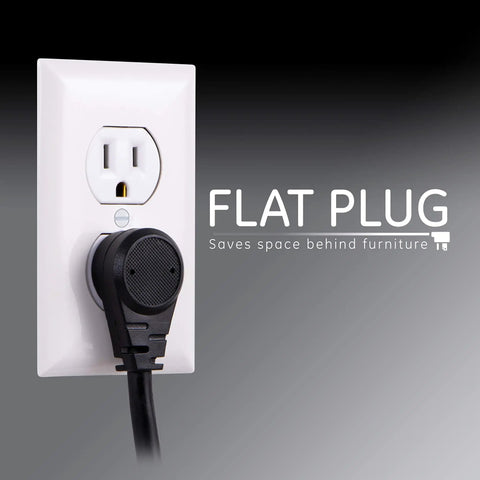 Flat plug of the 7-Outlet Surge Protector Go-To Power Hub With 2 USB Ports, 3ft Cord, 1300 Joules, in a wall socket.