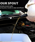 Shop Grade 6 Liter Manual Vacuum Oil Extractor Pump With Easy Read Scale And Kink Proof Tubing Plus Three Heavy Gauge Extensions For Total Hassle Free Fluid Pulling, pouring oil using spout.