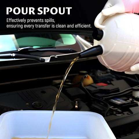 Shop Grade 6 Liter Manual Vacuum Oil Extractor Pump With Easy Read Scale And Kink Proof Tubing Plus Three Heavy Gauge Extensions For Total Hassle Free Fluid Pulling, pouring oil using spout.