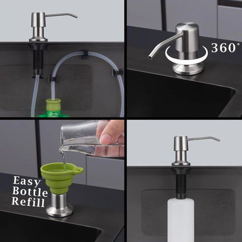Oil Rubbed Bronze Kitchen Soap Dispenser With Pump, 16 Oz Built In Countertop Dish Soap Dispenser, 4 Inch Spout, showing refill process and extension kit