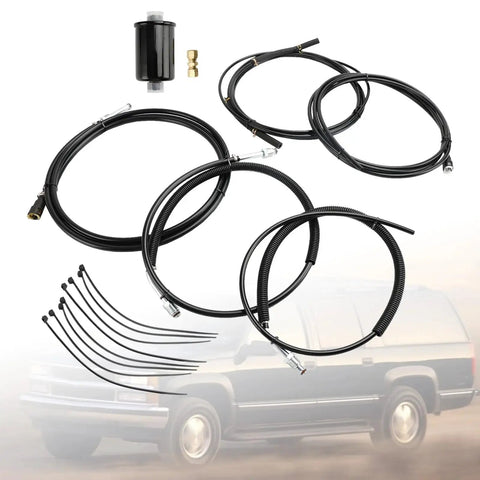 Heavy Duty Fuel Pump To Motor Line Replacement Kit FL-GM43C-V For Your Ride Boost Performance And Keep Your Engine Running Smooth Without Any Headaches Today., black fuel hose kit with filter, fittings, and zip ties for vehicle fuel line replacement