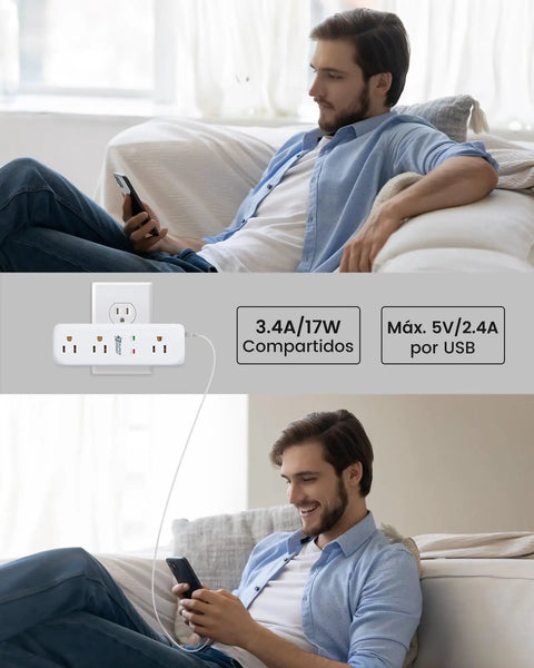 Man using phone with Beefed Up 9 Outlet Swivel Power Strip With 3 USB Ports And USB C 360 Degree Rotating Prongs Surge Protector