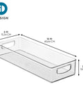Sleek Extra Long Clear Storage Bins Pack Of 4 Heavy Duty Stackable Plastic Organizers For Deep Pantry Shelves Cabinets And Fridge Drawers, 16x6x3 inches, side view.