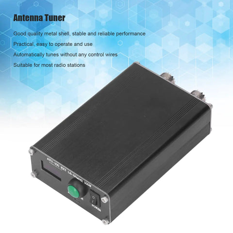 Auto Tuner For Ham Radio With 1.8 To 55 MHz Range, black metal housing, shown angled from top with controls visible.