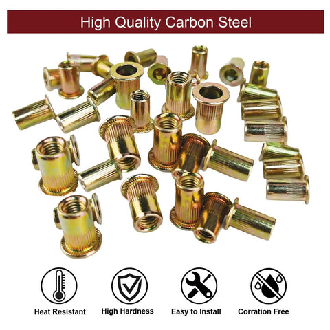 Heavy Duty M6 Rivet Nut Kit 100 Piece Set for Metal Projects with Zinc Coated Carbon Steel Flat Head Rivnuts displayed