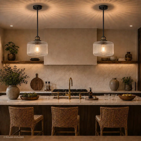 HXXLFONEDP 2 Pack Glass Pendant Lights for Kitchen Island, Matte Black in a kitchen over an island with ribbed glass shades.