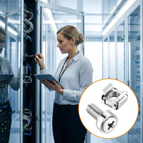 100 Pack Kickass Rack Mount Cage Nut Hardware Kit Featuring Tough M6 X 20mm Stainless Steel Screws And Washers in server cabinet setup.