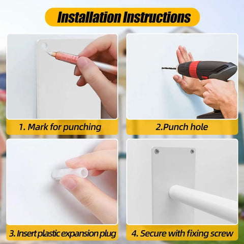 Installation instructions for Rock Solid Outdoor Handicap Grab Bar For Steps Heavy Duty Wall Mount Handrail with images for each step.