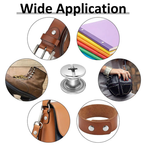 Graphic showing applications of Hardcore Stainless Steel Chicago Screw Rivets Kit with Phillips Heads for leather and crafts.