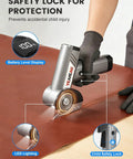 High Performance Electric Cardboard Cutter Featuring Four Adjustable Speeds And Sharp Stainless Steel Blades That Cut Smooth As Butter Through Fabric Leather And Thick Packages With Zero Sweat Or Mess, showing battery display and LED light.