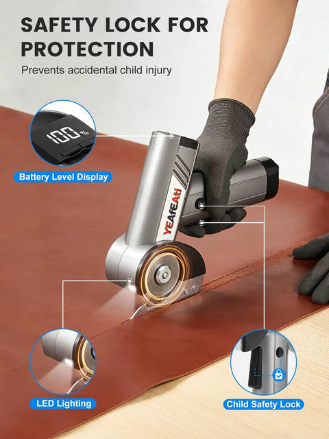 High Performance Electric Cardboard Cutter Featuring Four Adjustable Speeds And Sharp Stainless Steel Blades That Cut Smooth As Butter Through Fabric Leather And Thick Packages With Zero Sweat Or Mess, showing battery display and LED light.