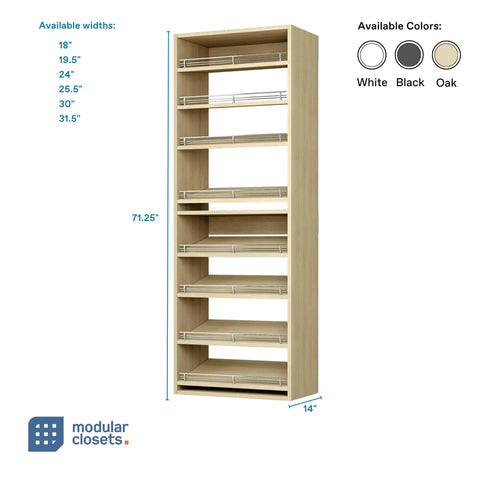 Slanted Shoe Shelf Tower And Modular Closet Organizer Unit With Premium Oak Finish spanning 31.5 inches wide, 71.25 inches tall.