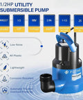 One Half Horsepower Submersible Water Pump With Stainless Steel Base 2450 GPH Portable Sump Pump shown with details